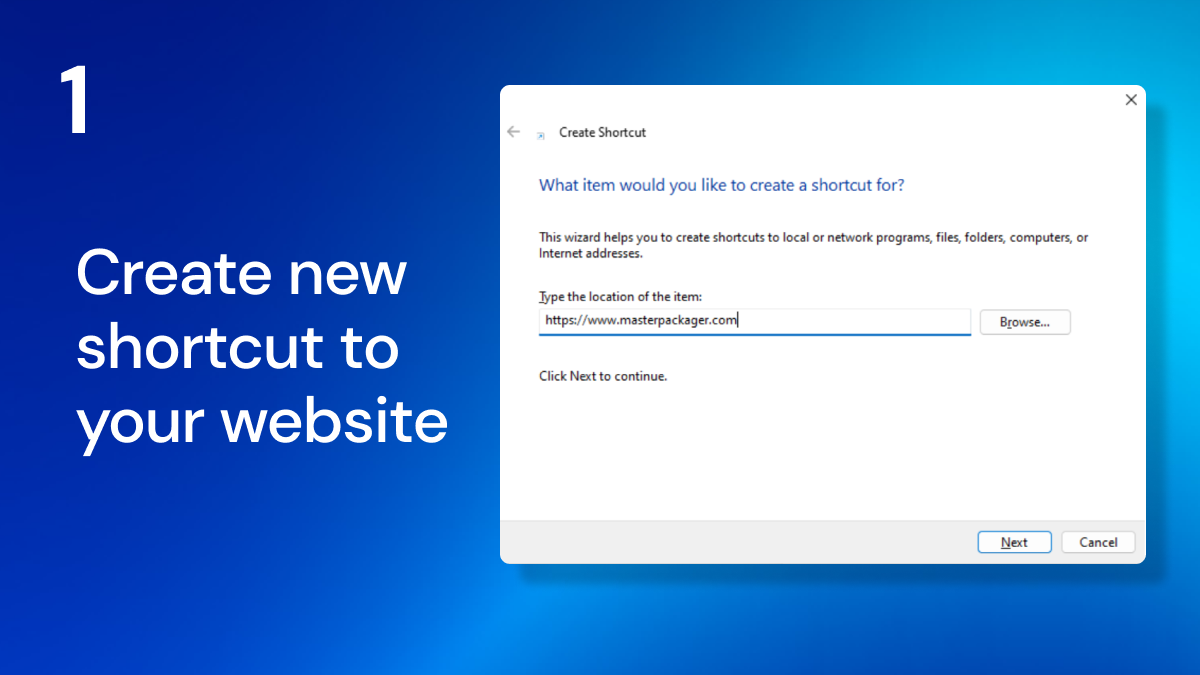 Windows OS interface showing the creation of a new shortcut, with the wizard prompting for the desired website URL as the target.