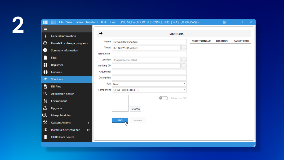 Master Packager advanced editor showing the Shortcuts section, with options to create and configure a new shortcut, including settings for target location, arguments, and icon.