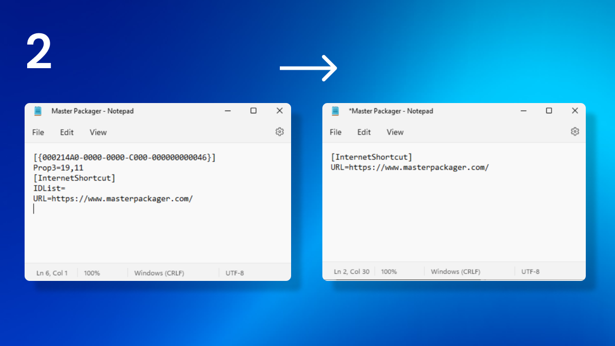 Notepad window showing two files: the first contains the full information after dragging and dropping a shortcut, and the second retains only the InternetShortcut.