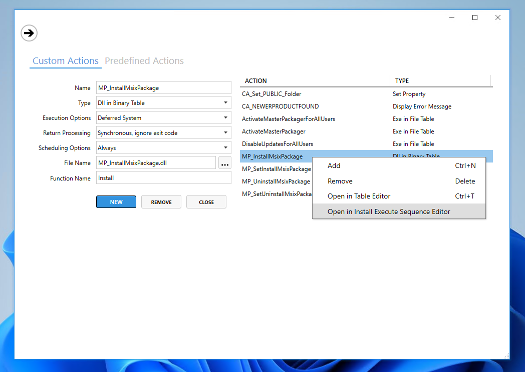 Master Packager displaying the Install Execute Sequence editor accessed through the Custom Action view.