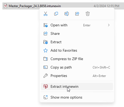 Extracting .intunewin files via a right-click context menu.