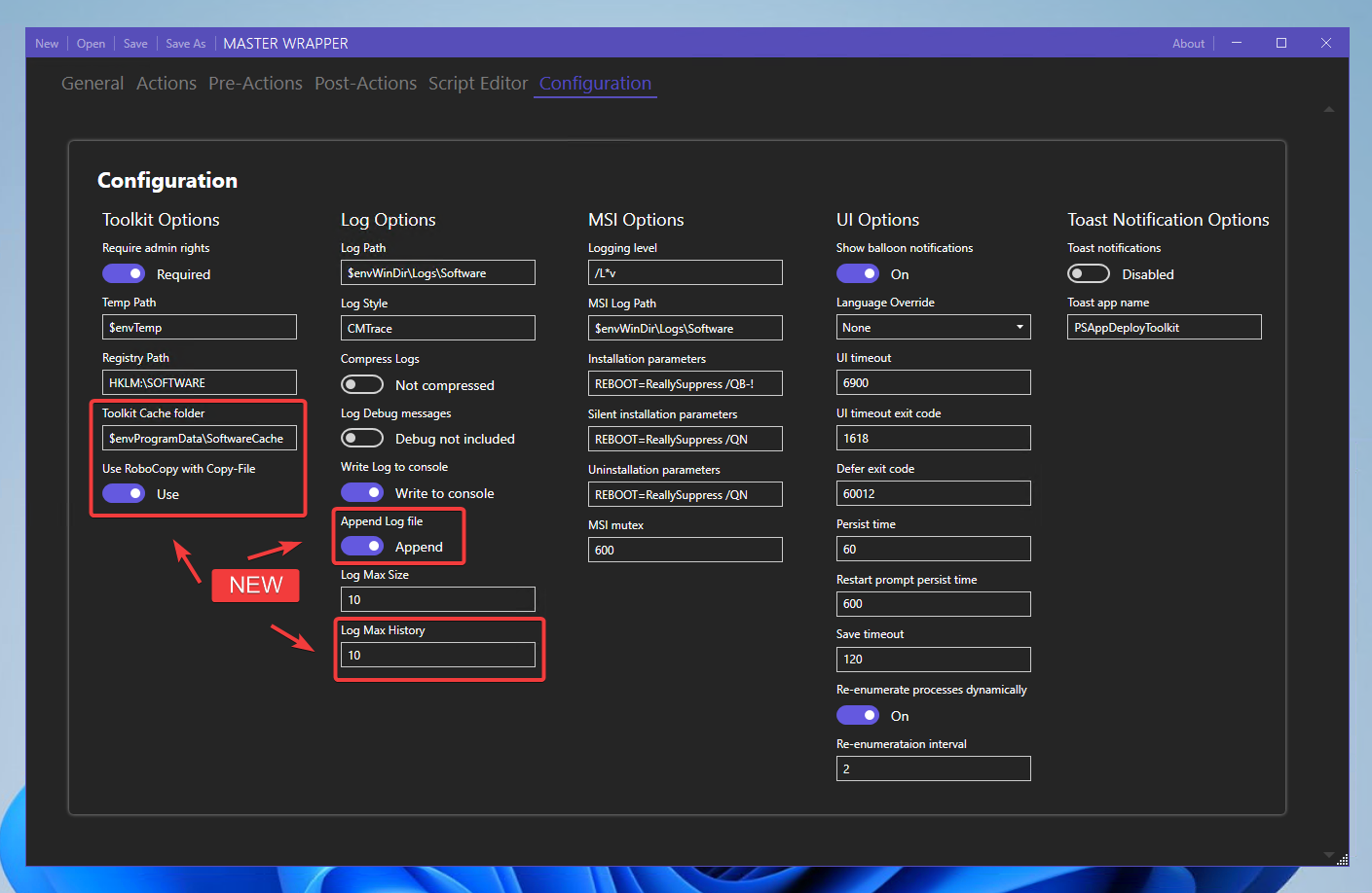 Master Wrapper displaying support for PSAppDeployToolkit 3.10.0, highlighting its newest configurations.