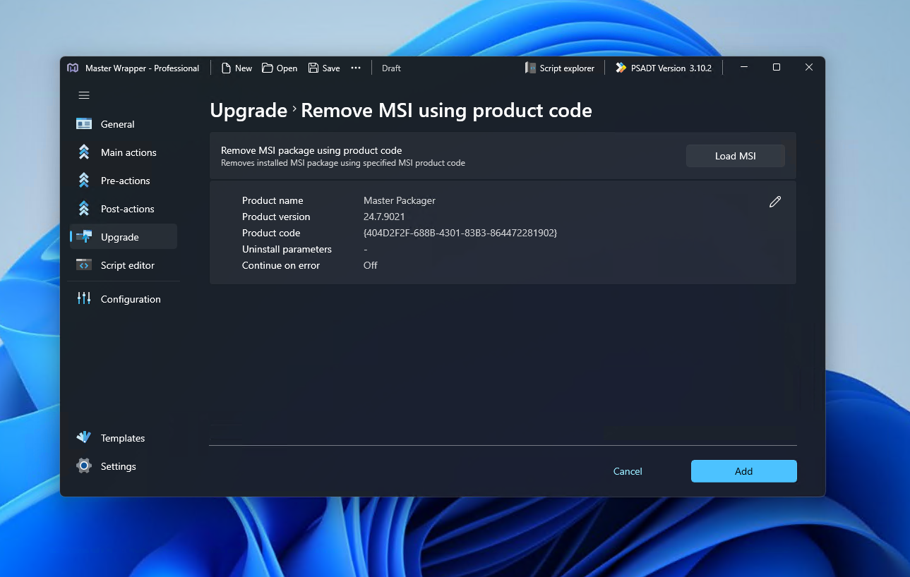 Upgrade section - Remove MSI using product code in Master Wrapper