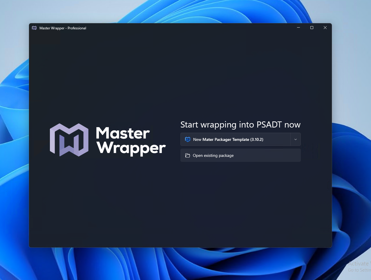 Master Wrapper start screen showing the option to choose and manage PSADT templates.