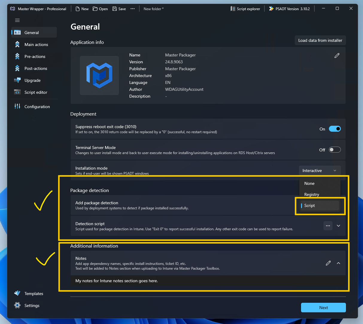 Package detection and additional information highlighted in Master Wrapper