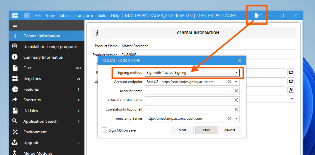 Digital signature option displayed in Master Packager.