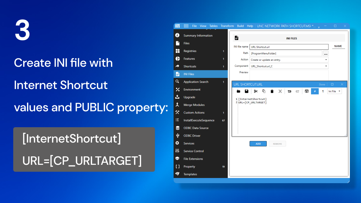 Master Packager INI Files section showing a new .url file created with a custom public property for the URL, allowing value changes during MSI installation.