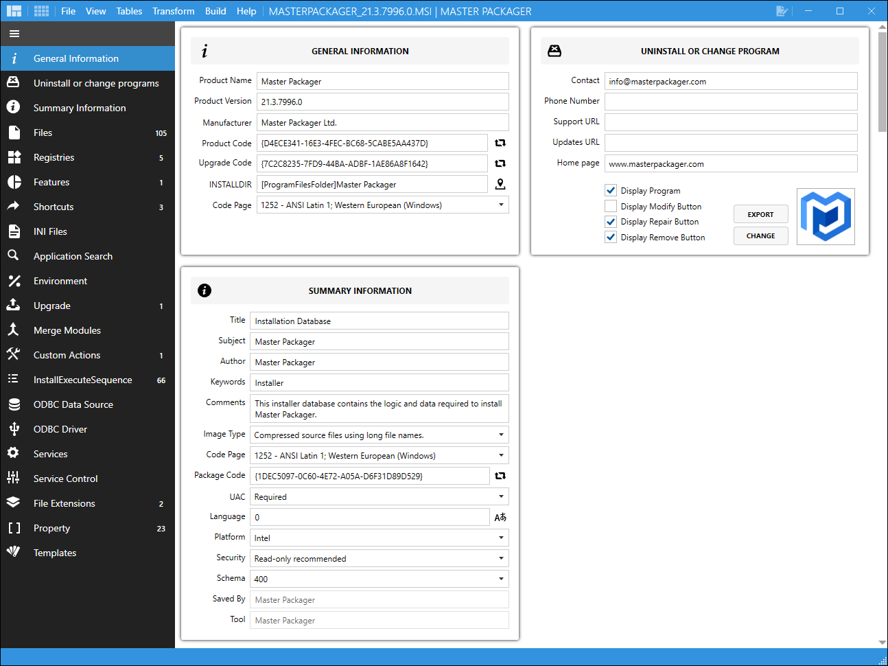 Master Packager Advanced Editor interface