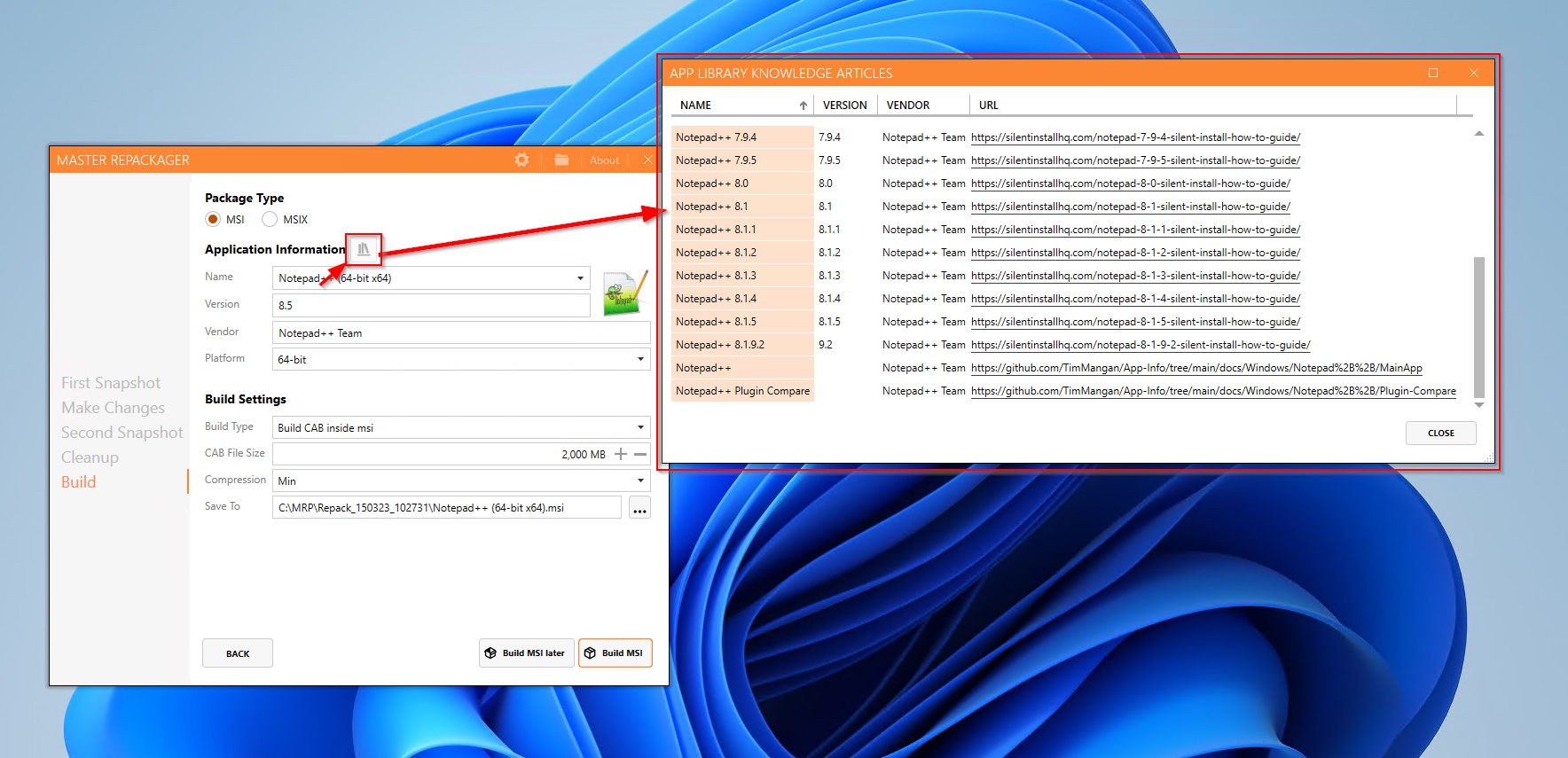 Master Repackager interface displaying improved App Library search results