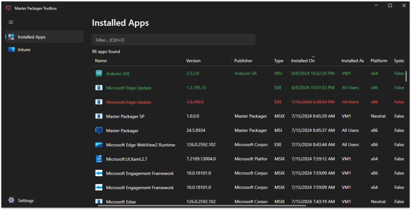 Master Packager Toolbox installed applications