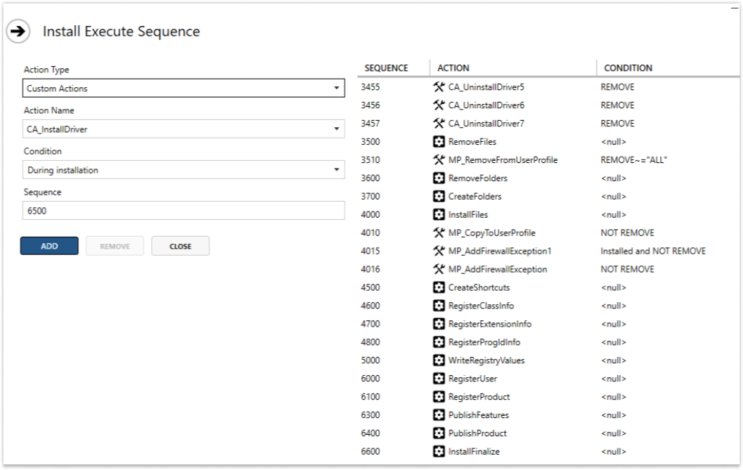 Adding Driver Installation Custom Action to InstallExecuteSequence in Master Packager