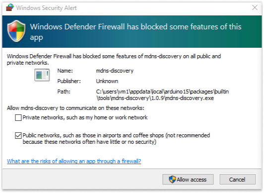 Windows Security Alert - Arduino IDE