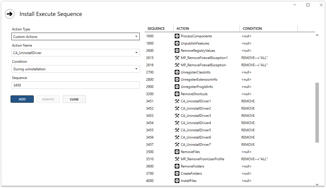 Adding Driver Uninstallation Custom Actions to InstallExecuteSequence in Master Packager