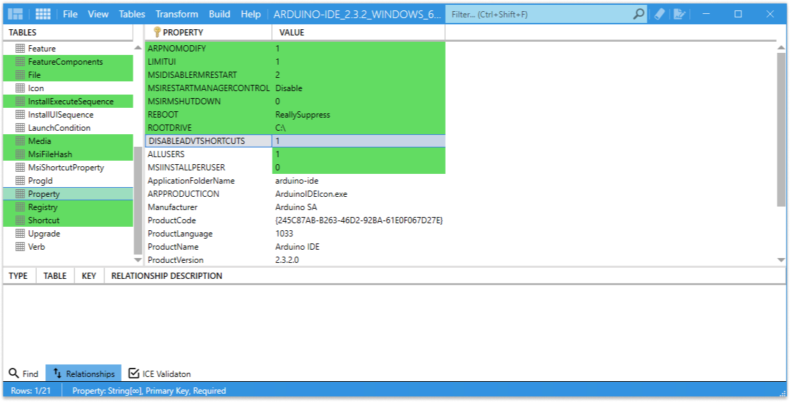 Removing DISABLEADVERTISESHORTCUTS entry from property table in Master packager