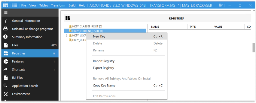 Creating a new registry entry under HKEY_CURRENT_USER\Software in Master Packager