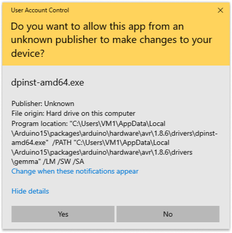 Solving dpinst.exe installation window for Arduino IDE