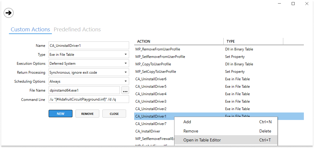 Create Uninstall Custom Actions faster for drivers in Master Packager's Table editor