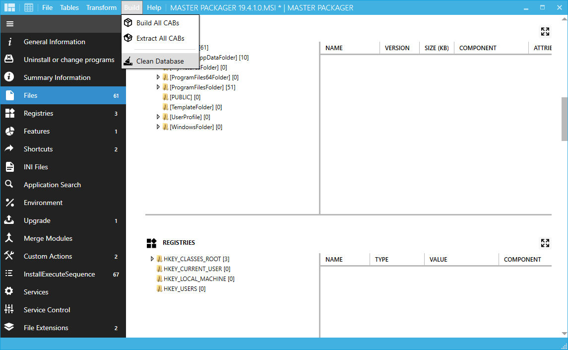 Master Packager interface showing the steps to clean the database: opening an MSI, selecting Build from the top menu, and choosing Clean Database.