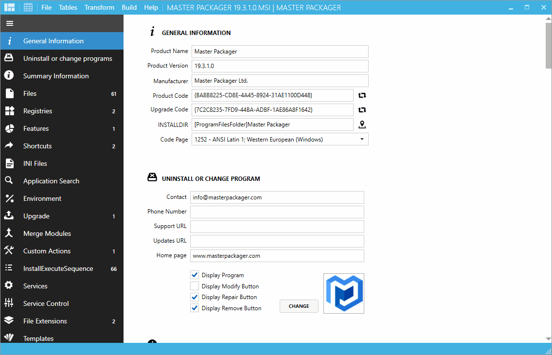 Master Packager Advanced Editor in the Custom Actions section, with the pencil icon selected to edit details, the Predefined Actions tab open, and the Add New Predefined Action button highlighted.