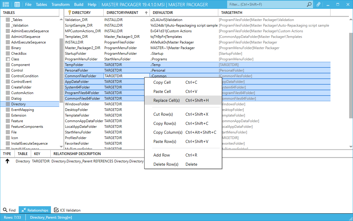 Master Packager Table Editor showing the process to replace cell values: marking rows, right-clicking to select Replace Cells.