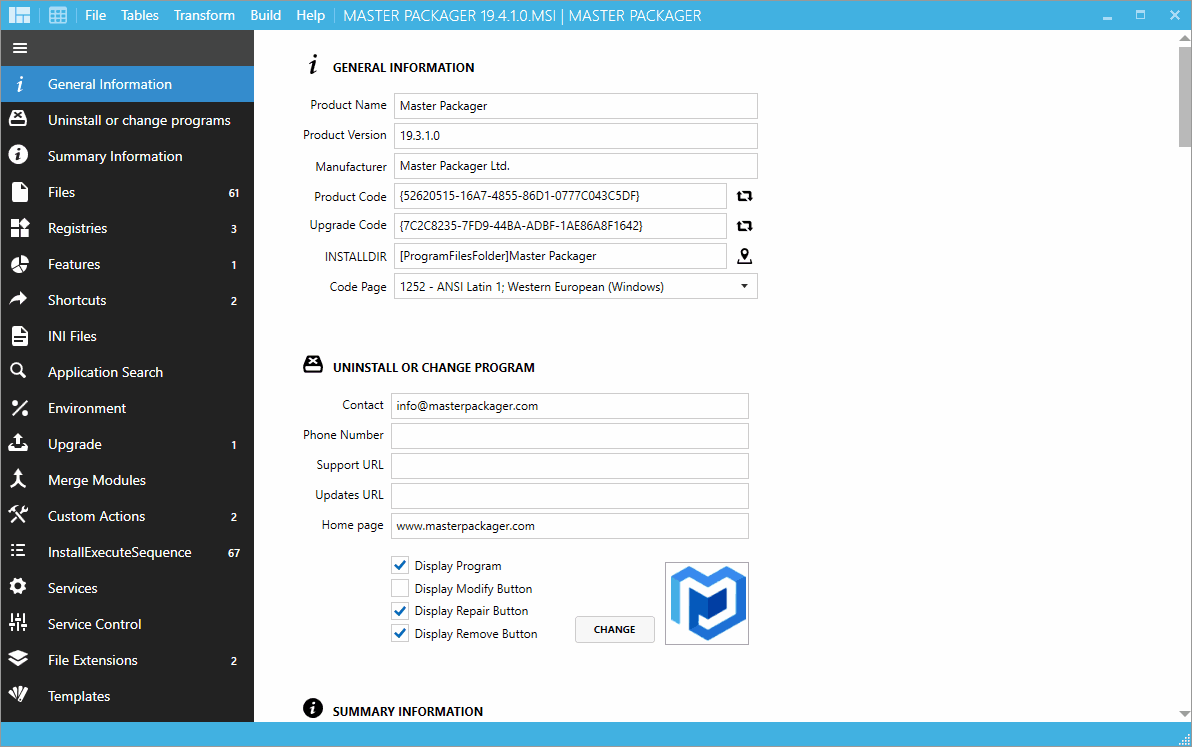 Master Packager Table Editor showcasing the application of a template, automating tasks like adding properties, registries, custom actions, and summary information, with PowerShell script support for dynamic values.