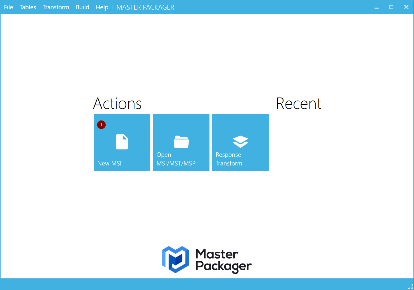Master Packager showing the New MSI option after launching the software