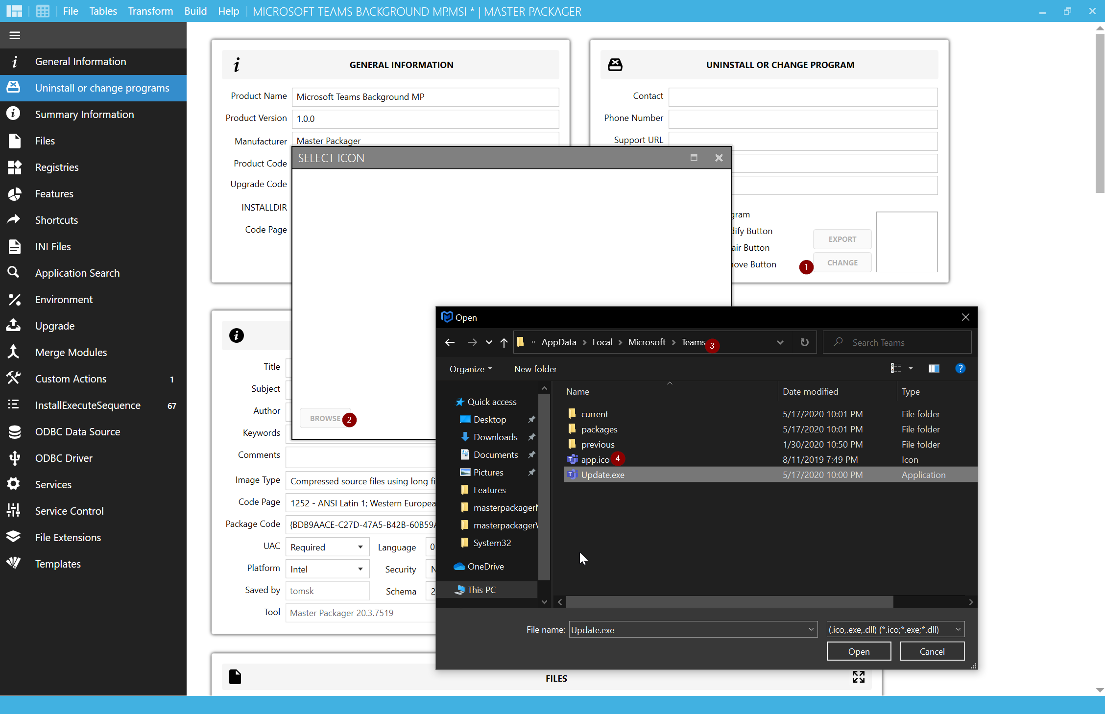 Master Packager showing the process of adding an icon by clicking the Change button and browsing for an ICO file