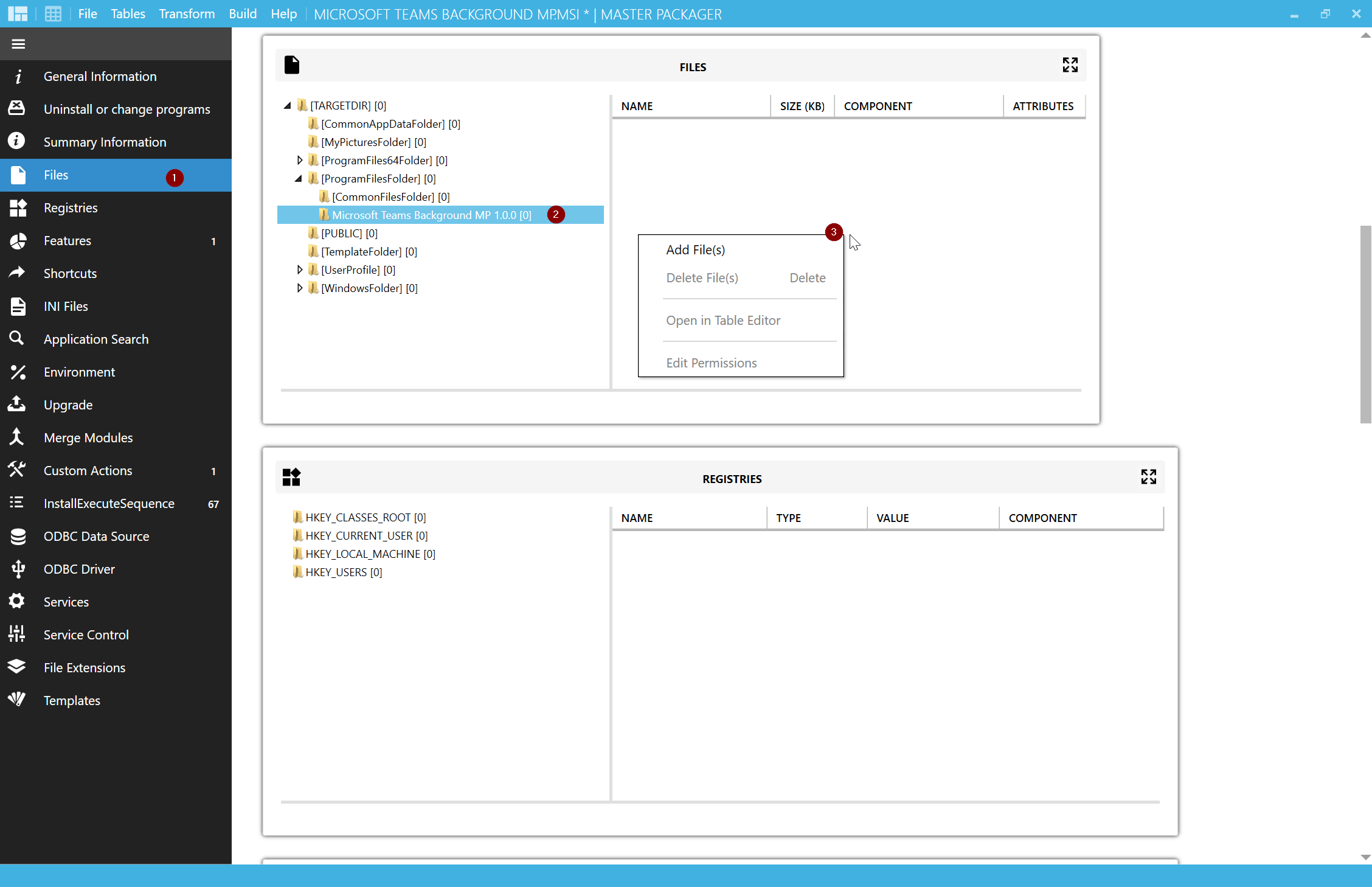 Master Packager showing the process of adding a file to a package