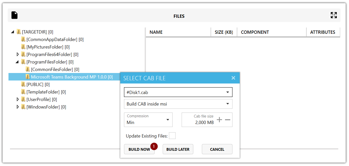 Master Packager displaying the process of building a CAB file