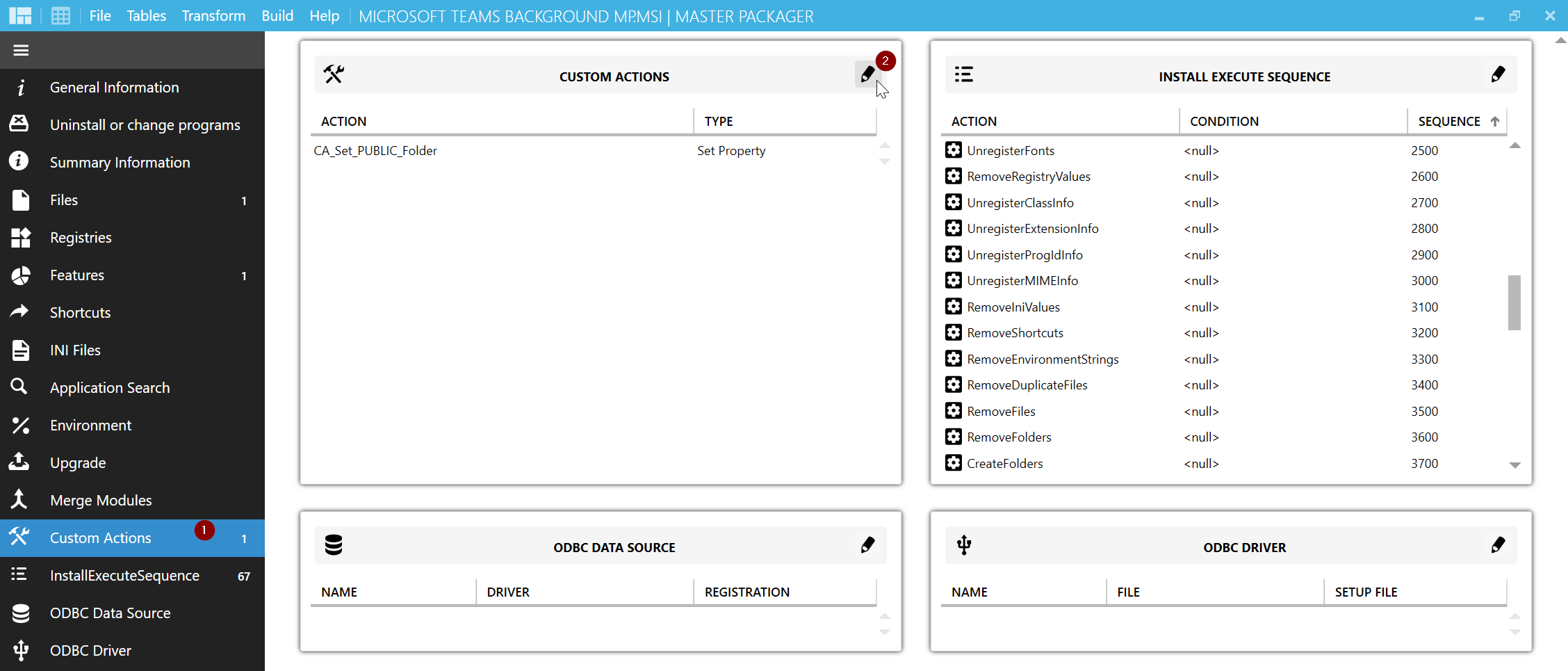 Master Packager Advanced editor showing the Custom Actions menu with the pencil icon selected