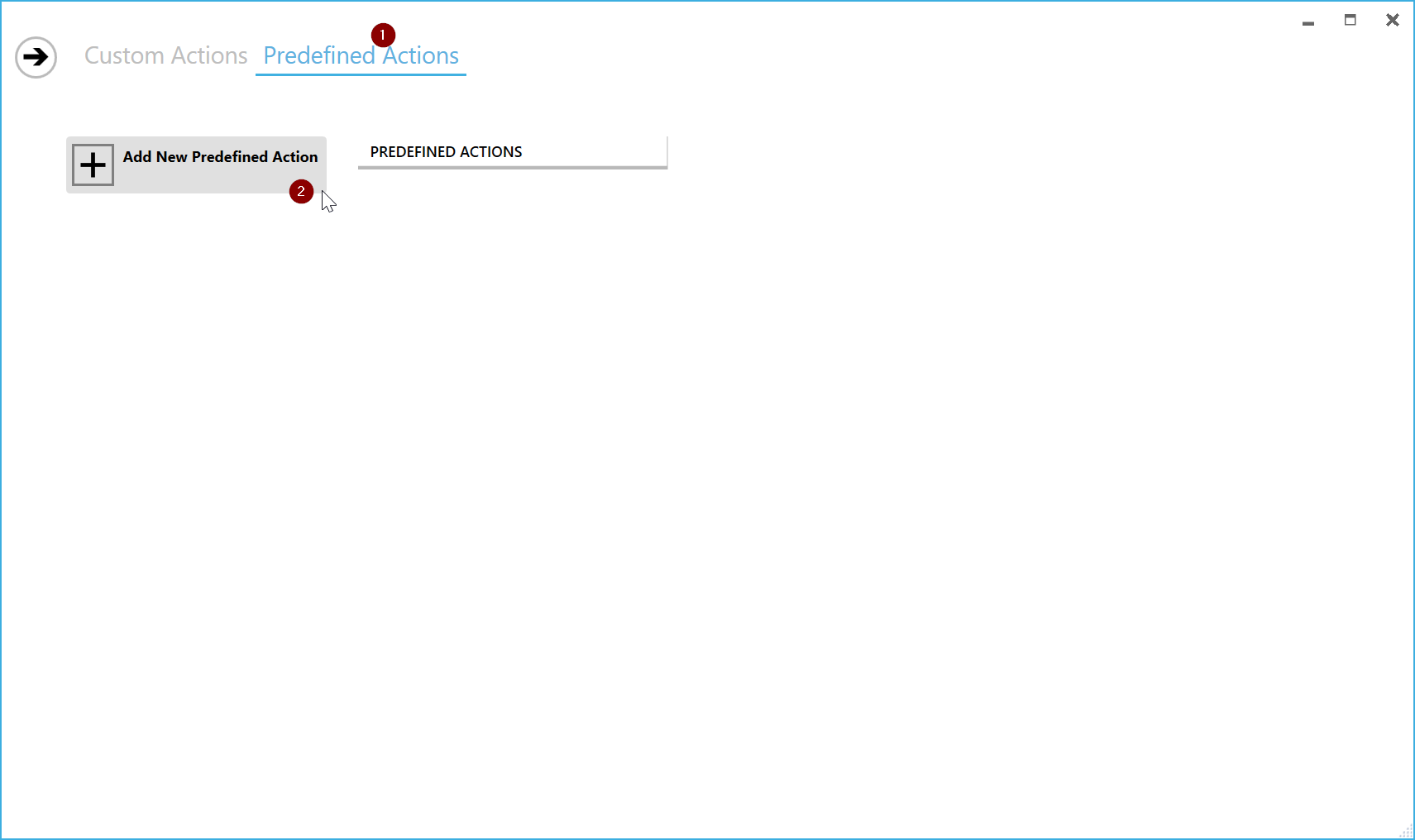 Master Packager showing the Predefined Action tab with the Add new predefined Action button selected, allowing users to add a new predefined custom action