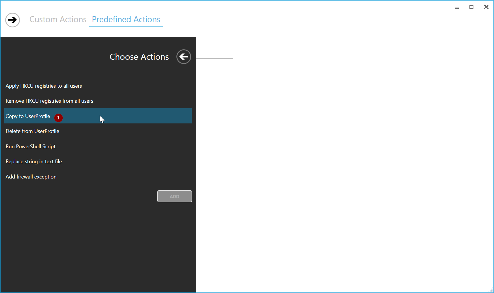Master Packager showing the Choose Actions menu with the option Copy to UserProfile selected