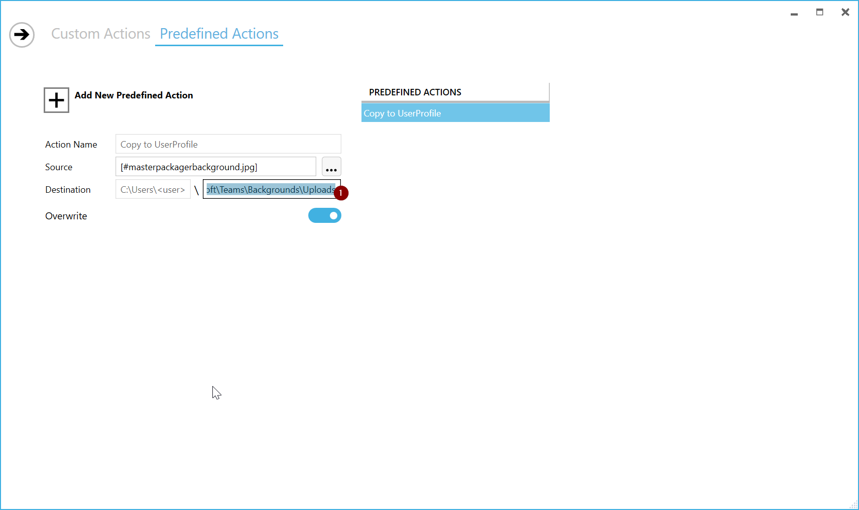 Master Packager showing the Destination section with a path pasted, indicating where the selected file will be copied to after installation