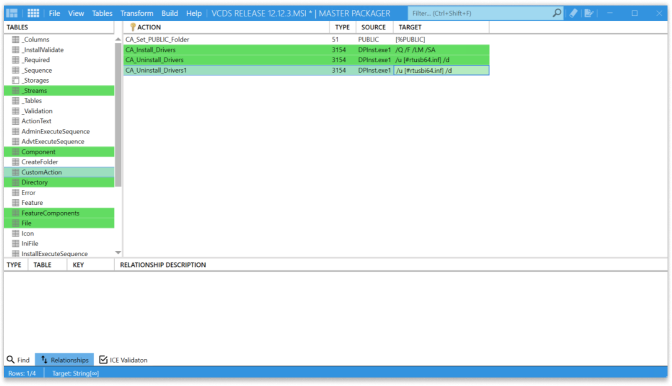 Custom Action table in Table editor view in Master Packager