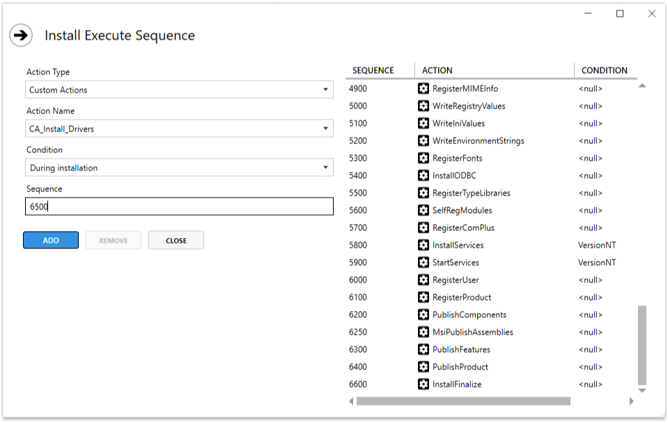 Setting Install Execute Sequence for Driver installation Custom Action in Master Packager