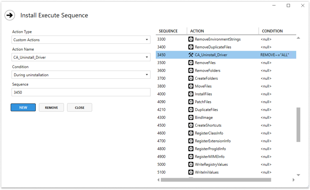 Setting Install Execute Sequence for Driver uninstallation Custom Actions in Master Packager