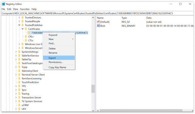 Exporting Trusted Publisher certificate registries from Registry Editor