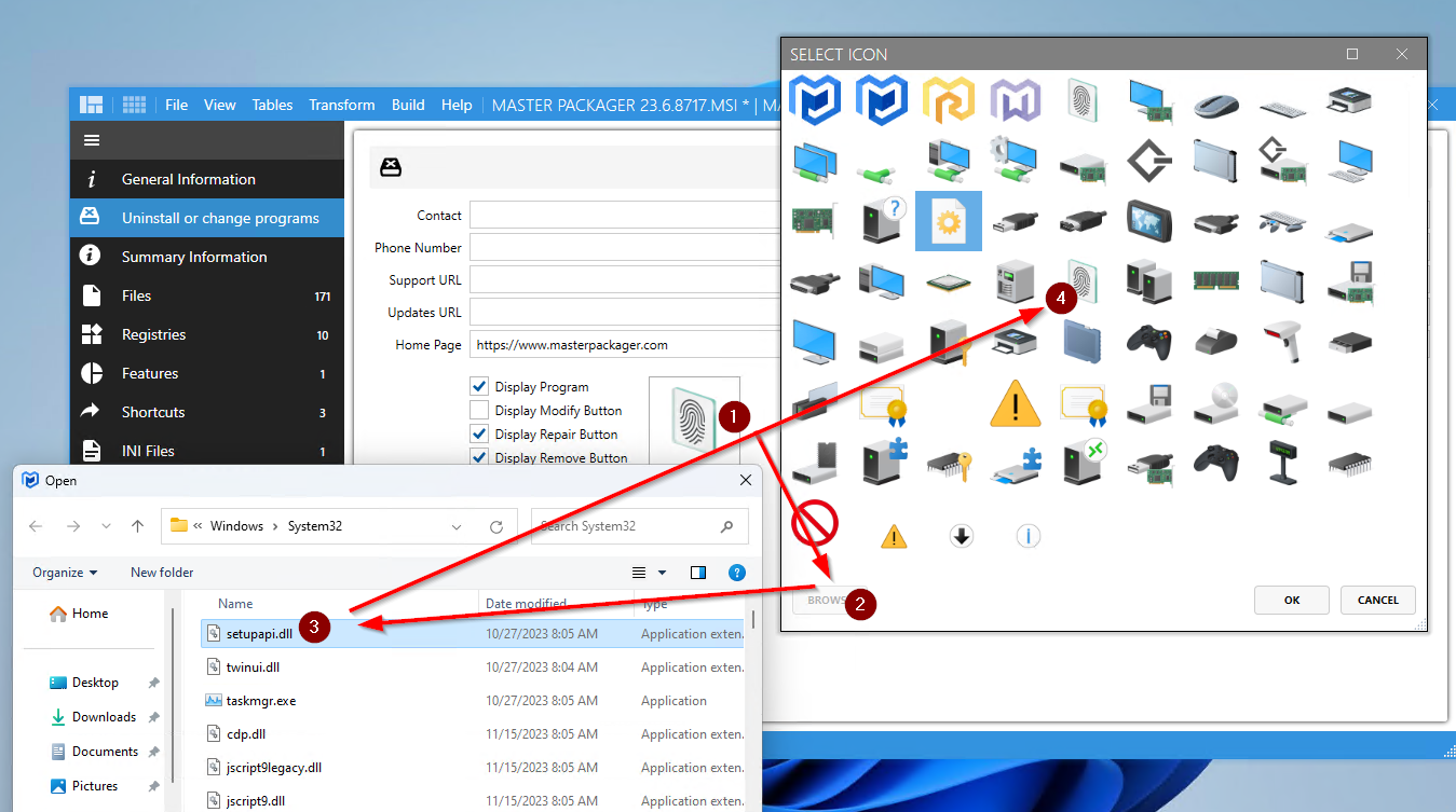 process of extracting an icon or image from an EXE or DLL file using Master Packager. It highlights key steps like selecting the EXE or DLL file, browsing for the image, and exporting it as either an ICO or PNG file. The interface in the image displays the "Uninstall or Change Programs" section in the Advanced Editor, along with options for changing and exporting the icon