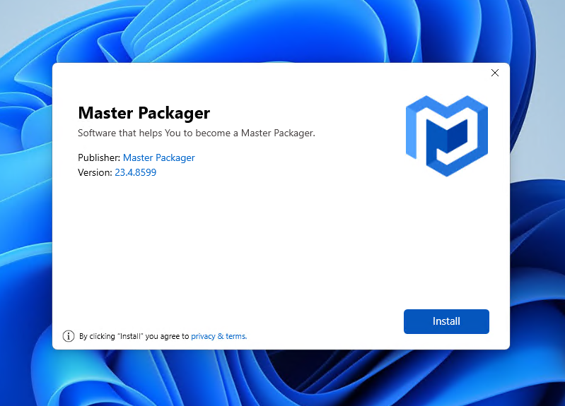 Master Packager installation screen showing a simplified installation process, reflecting the MSIX team's approach to removing the installation wizard for a streamlined experience.