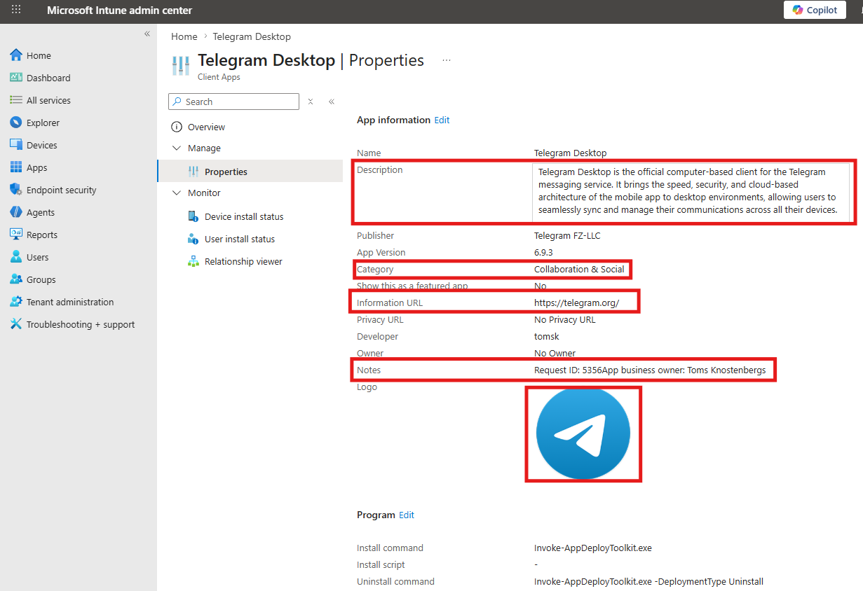 The deployment data uploaded to Microsoft Intune admin center.