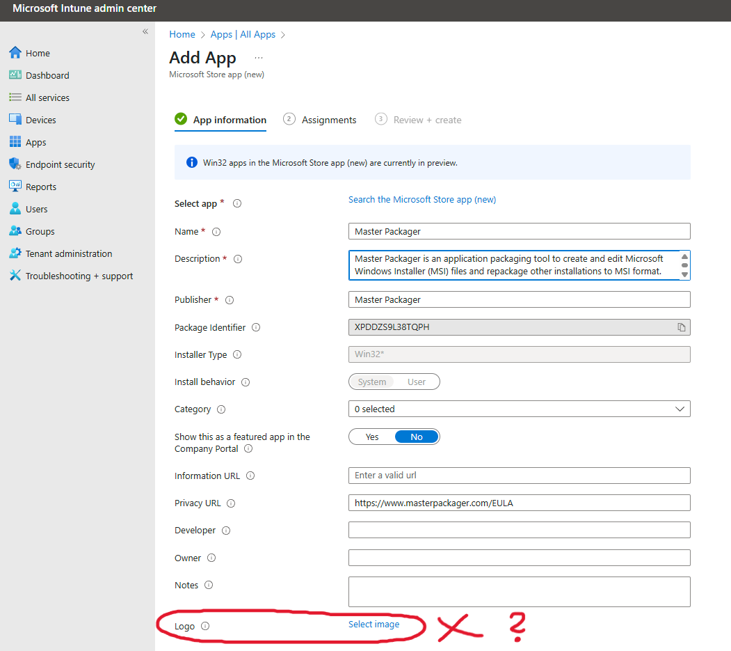 Intune Microsoft Store app Win32 app type do not add logo on import