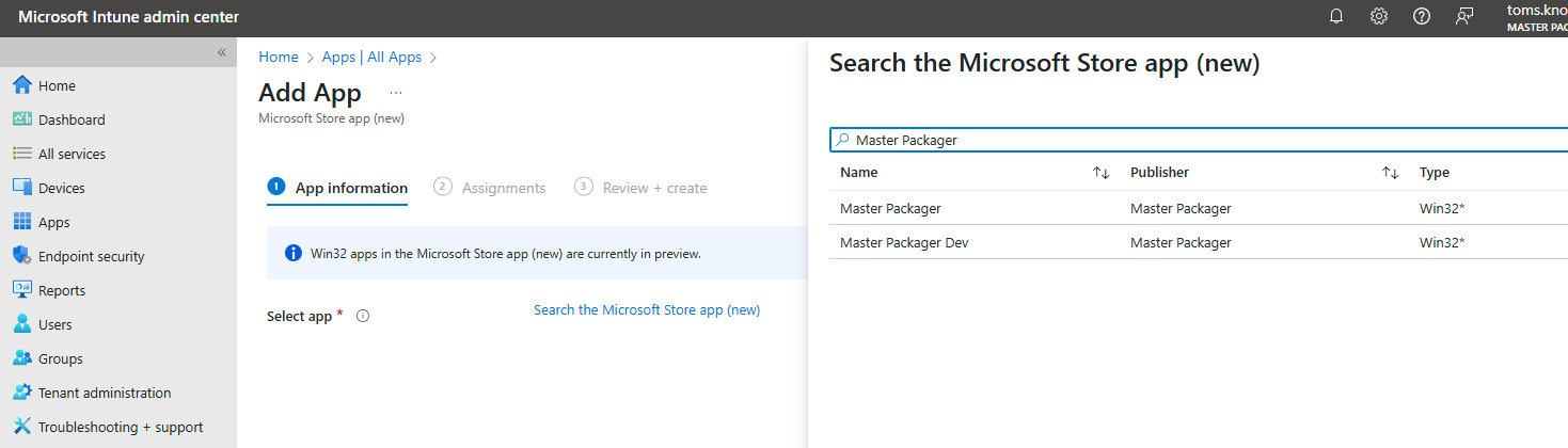 Intune Microsoft Store app Win32 app type in the search