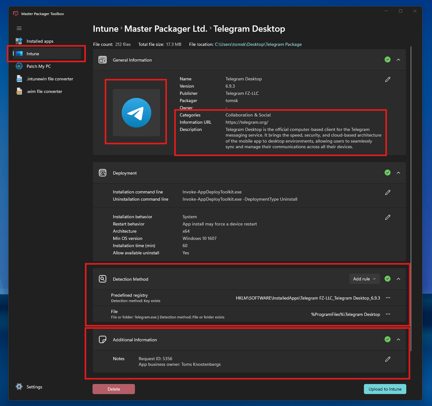 Master Packager Toolbox reads the deployment data and prepares a one-click upload to Intune.