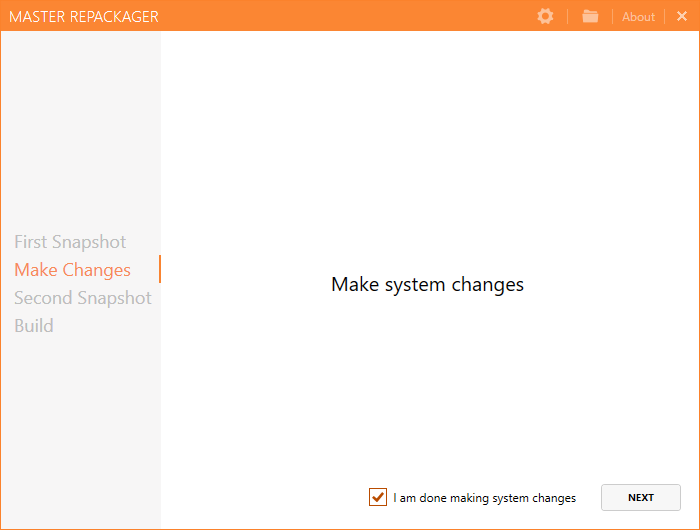 Master Repackager screen displayed during the system changes phase, asking to check if all complete system modifications are done before proceeding.