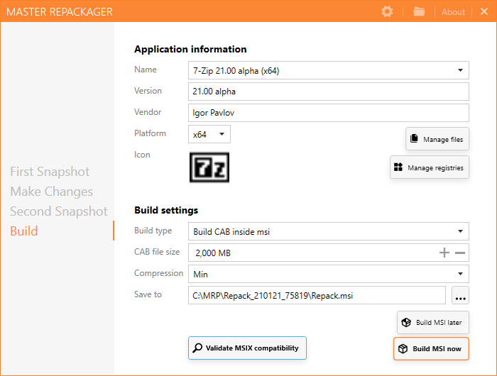Master Repackager interface showing the Build screen, with an option to Validate MSIX compatibility