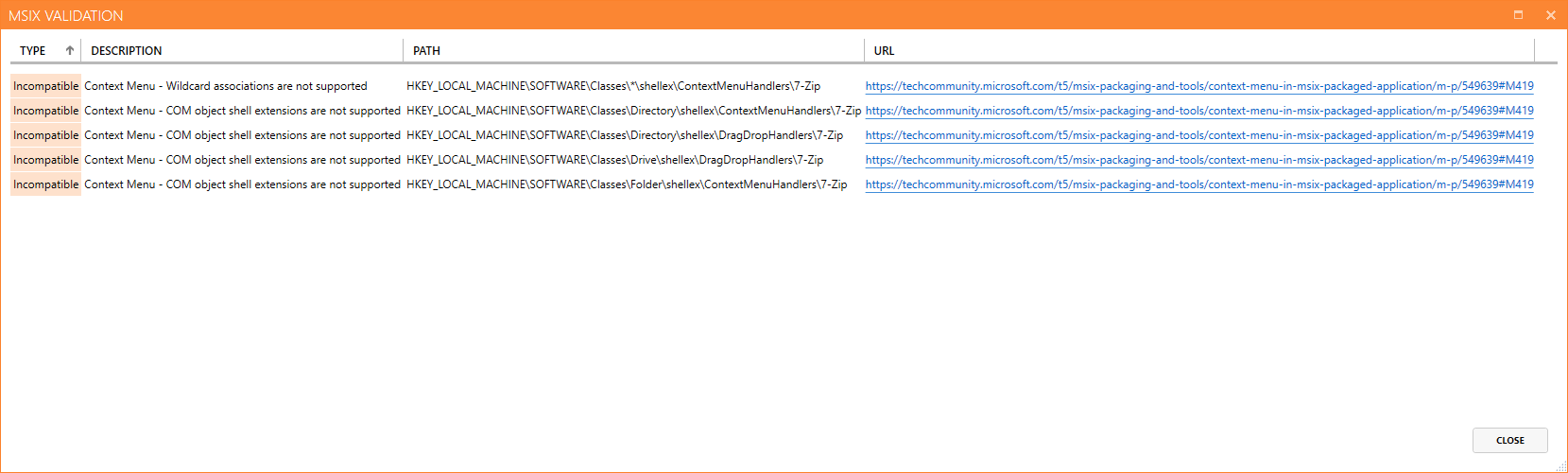 Master Repackager screen displaying a table that shows whether the package is compatible with MSIX, with clear indicators marking compatibility status.