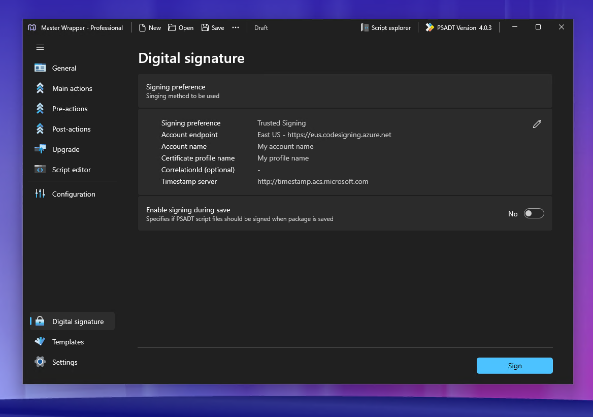 Master Wrapper digital signature feature that signs PSADT scripts
