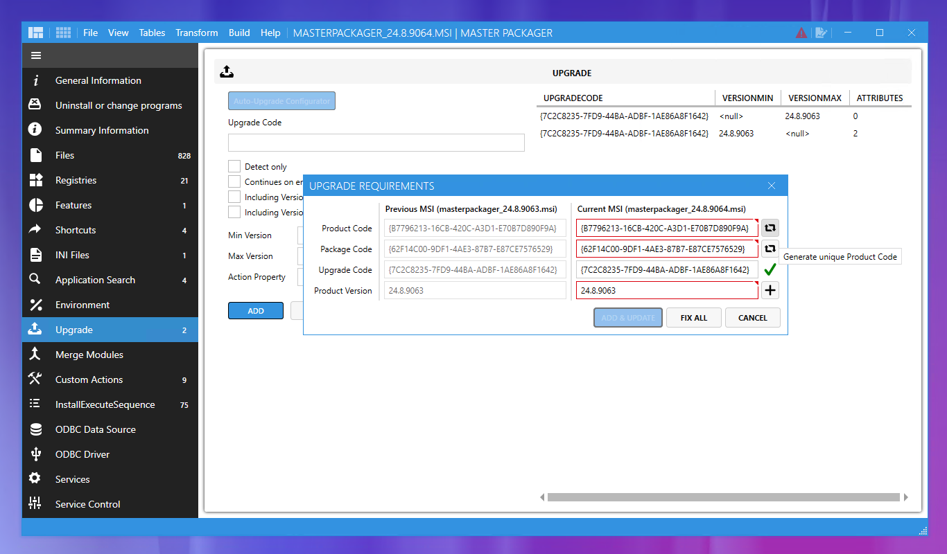 Master Packager Auto-Upgrade Configurator showing issues to create upgrade for previous version.