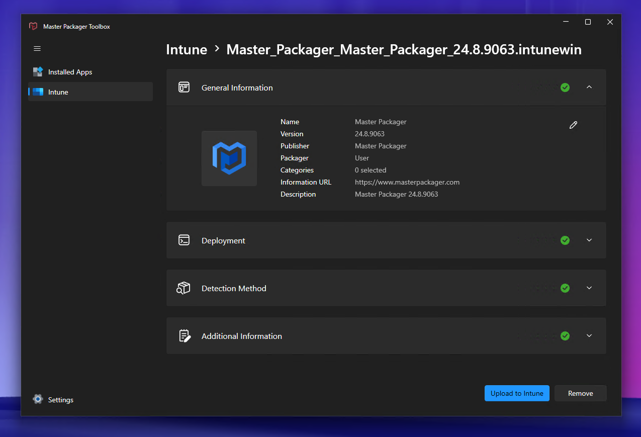 Master Packager Toolbox upload to Intune support.