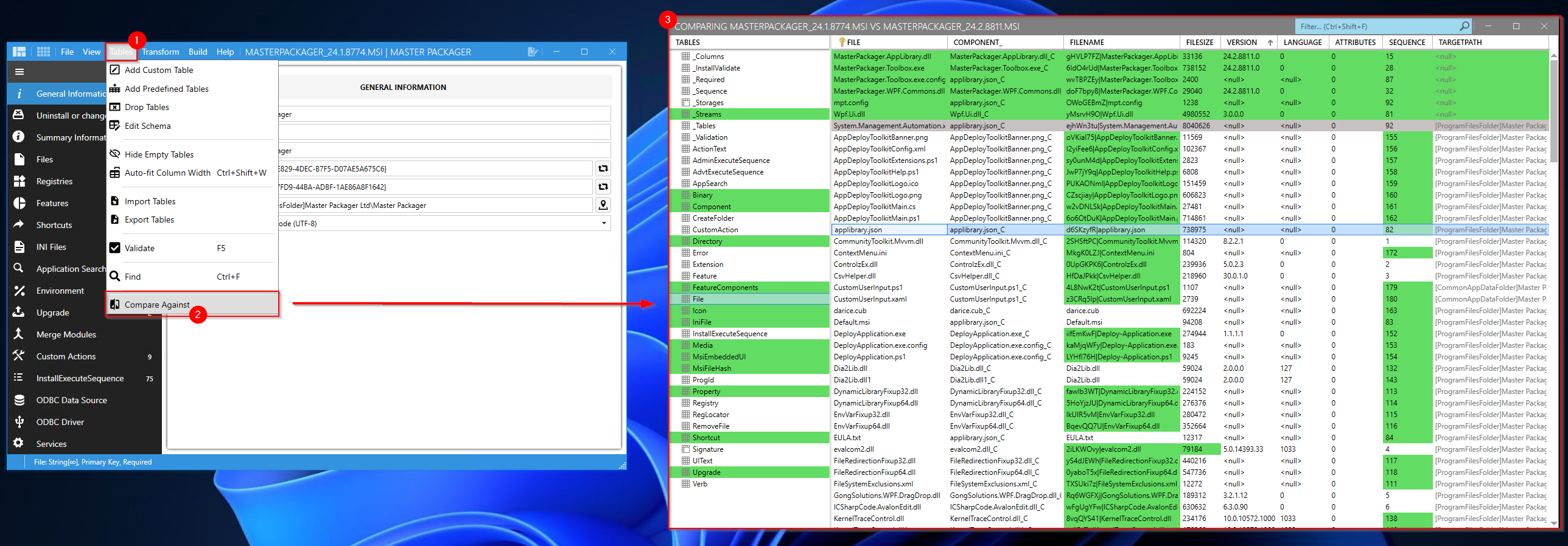 Compare two MSI files with Master Packager.